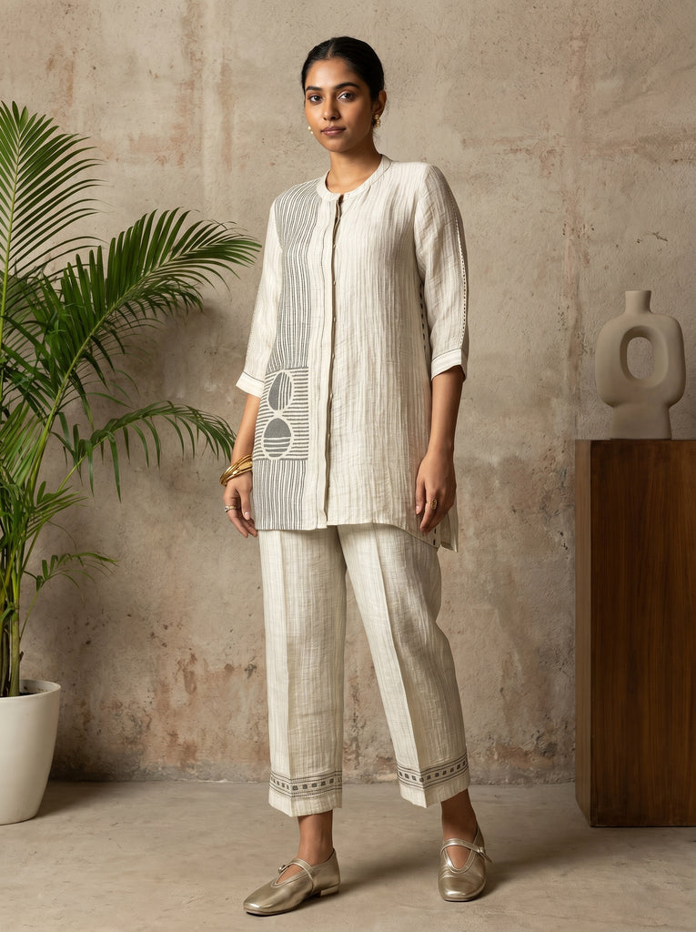 AUREVA Ivory Textured Linen Silk Co-ord Set - M/XL