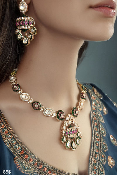 Heritage Meenakari Pendant Kundan Necklace Set