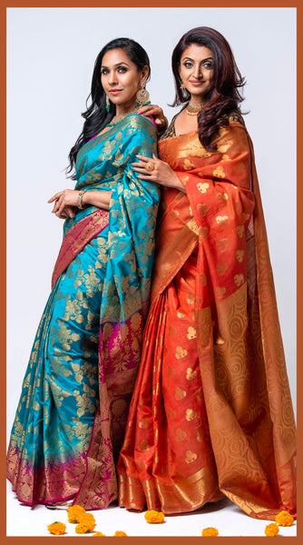 Dual Shade Green Pink Silk Saree & Rustic Orange