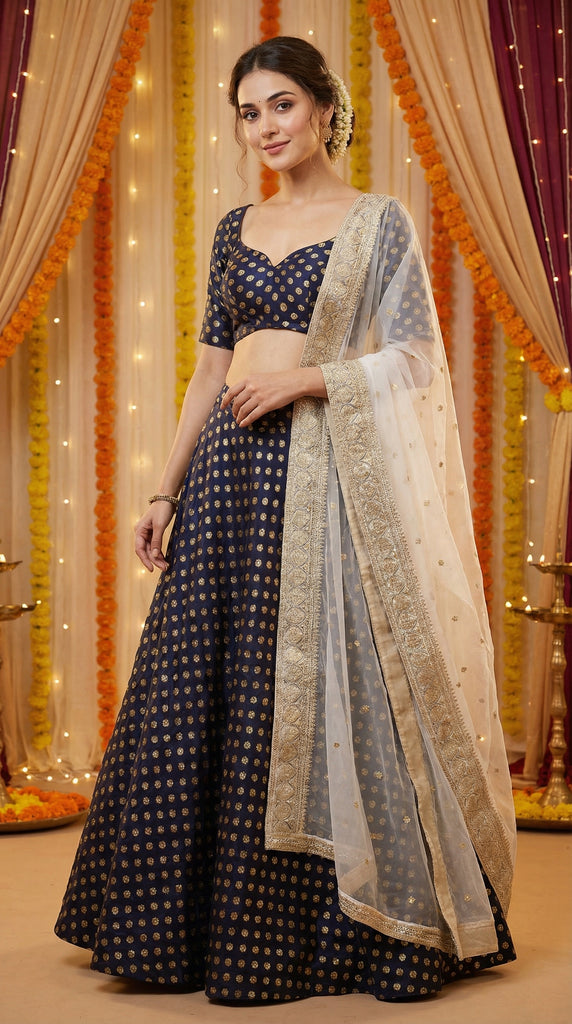 DAZZLE Navy Blue Brocade Lehenga