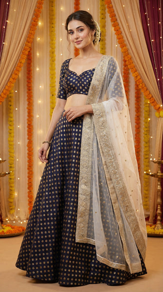 DAZZLE Navy Blue Brocade Lehenga