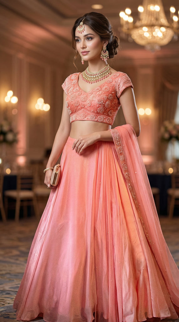 DAZZLE Peach Fully Hand Emberoidered Lehenga