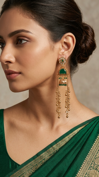 Kashmiri Aaina Long Drop Earrings - Green & Red