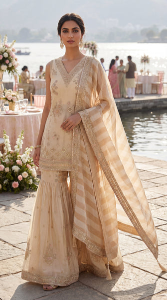 KANAYA Ivory Fusion Embroidered Gharara Set - L/XL