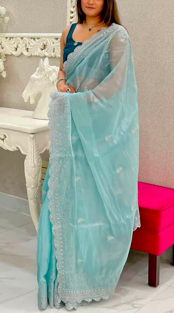 GULABO Blue Plain Chiffon Saree