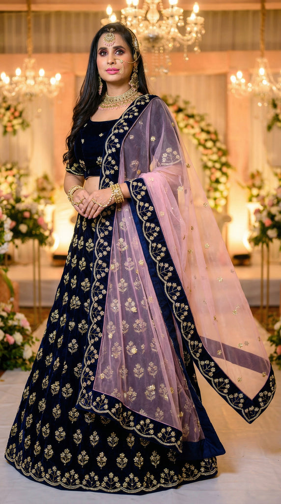 BRIDAL Navy Blue Velvet Pearl Embroidered Lehenga -M/L