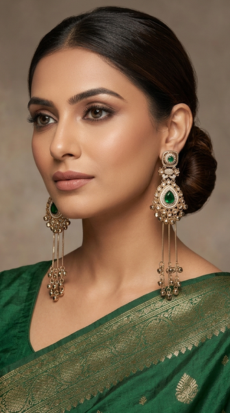 Kashmiri Green Leaf  Long Drop Earrings