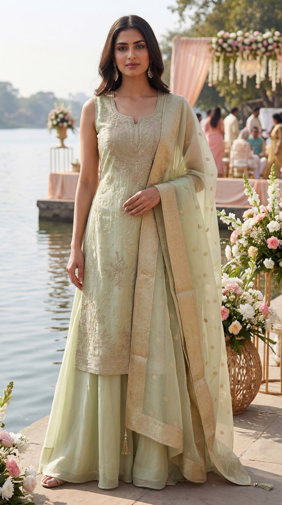 KANAYA Pista Green Fusion Embroidered Sharara Set - XL