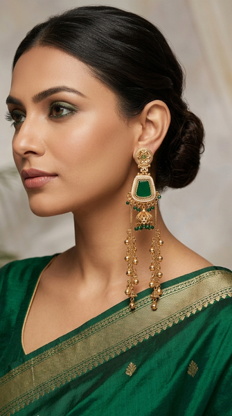 Kashmiri Green Long Drop Earrings