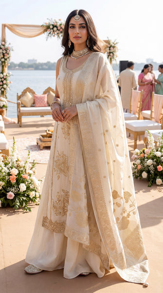 KANAYA Cream Fusion Embroidered Sharara Set - XL