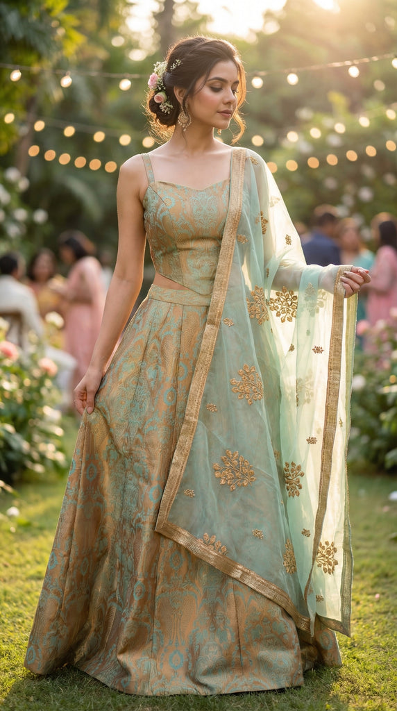 SILKY Mint Green Brocade Lehenga - Fits S to L