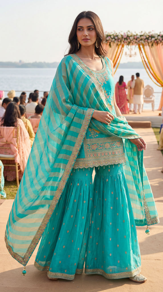 KANAYA Turquoise Blue Fusion Embroidered Gharara Set - L