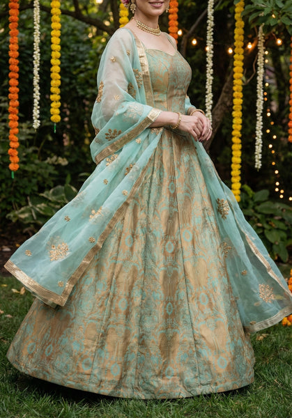 SILKY Mint Green Brocade Lehenga - Fits S to L