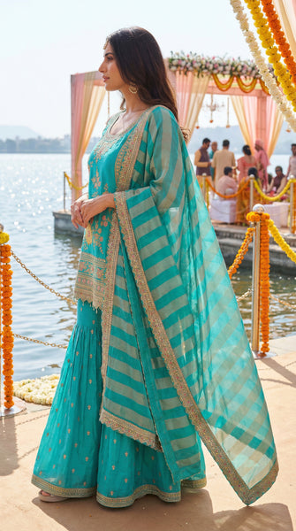 KANAYA Turquoise Blue Fusion Embroidered Gharara Set - L
