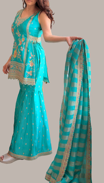 KANAYA Turquoise Blue Fusion Embroidered Gharara Set - L