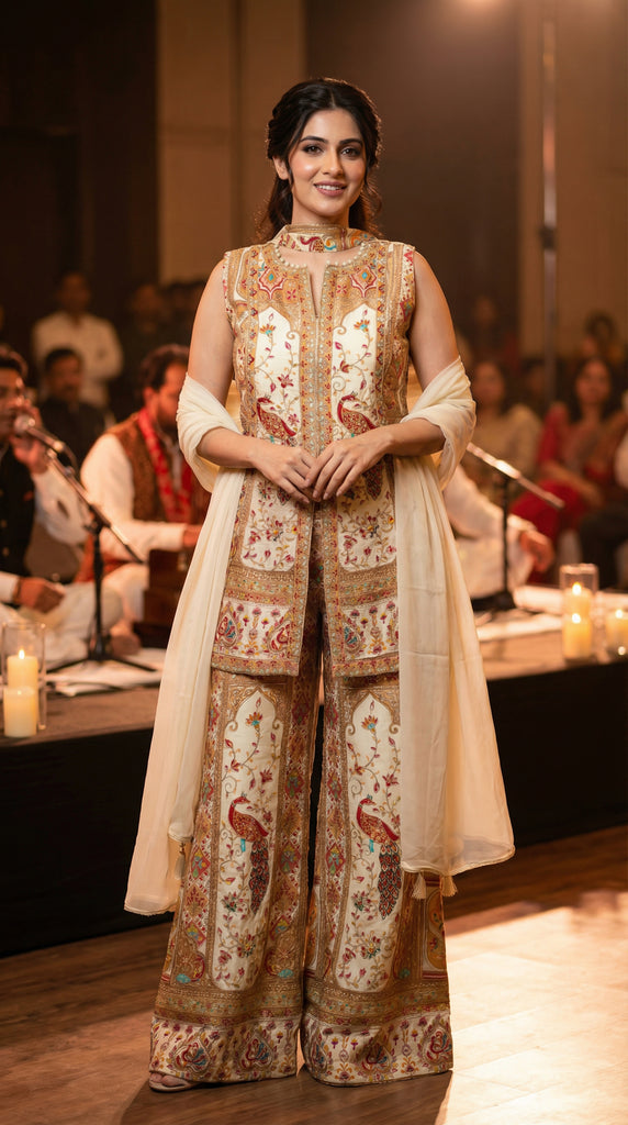 KANAYA Cream Embroidered Palazzo Set - L