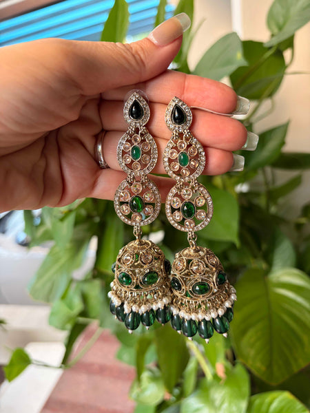 MEERA Green Antique Leaf Jhumki Earrings