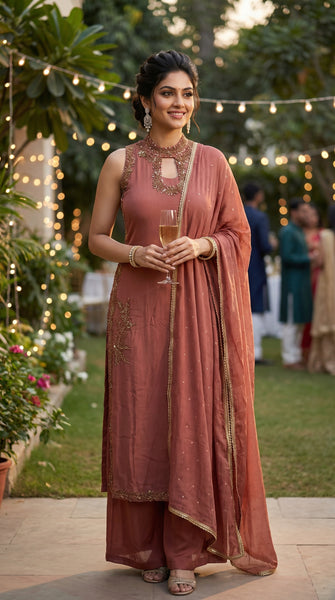 KANAYA Brown Embroidered Palazzo Suit Set - S