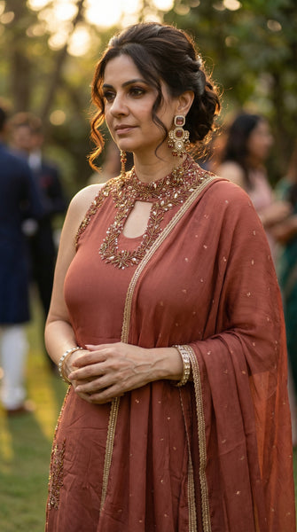 KANAYA Brown Embroidered Palazzo Suit Set - S