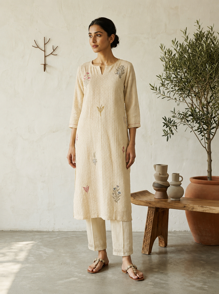 AUREVA Cream Embroidered Textured Linen Co-ord Set -M/XL
