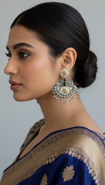 Kundan Oxidised Enamel Peacock Chandbali Earrings