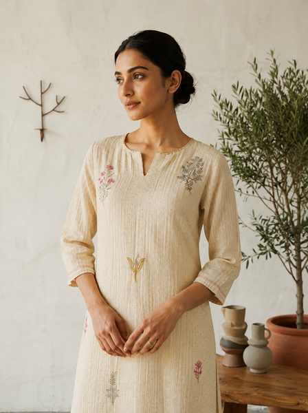 AUREVA Cream Embroidered Textured Linen Co-ord Set -M/XL