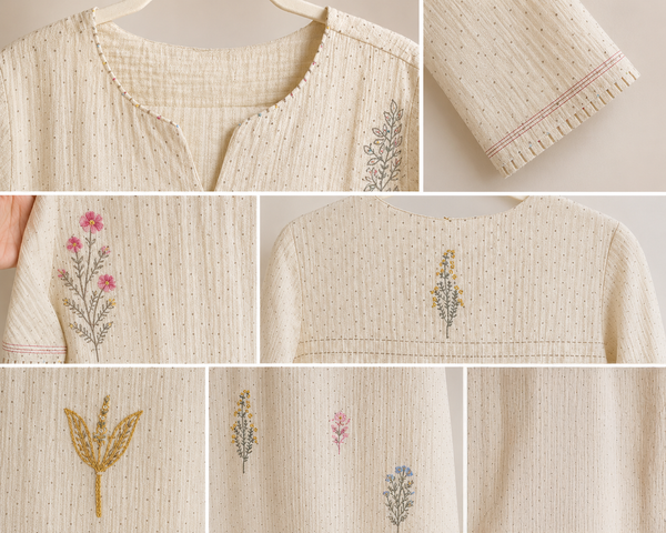 AUREVA Cream Embroidered Textured Linen Co-ord Set -M/XL