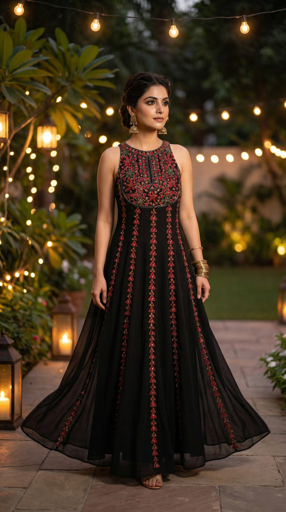 KANAYA Black Embroidered Anarkali Dress - S