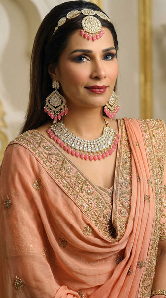 Dressy Peach & White Pearl Kundan NecklaceSet