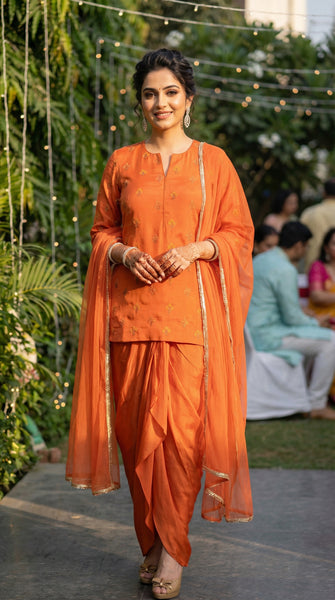 KANAYA Orange Embroidered Dhoti Skirt Suit - S