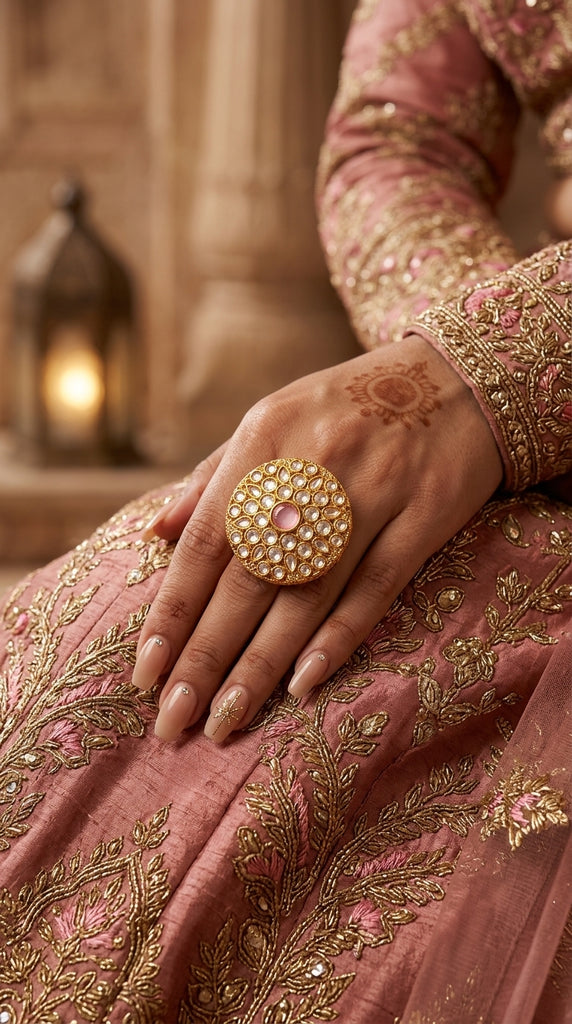 MEERA Wedding Big Gold Kundan Ring