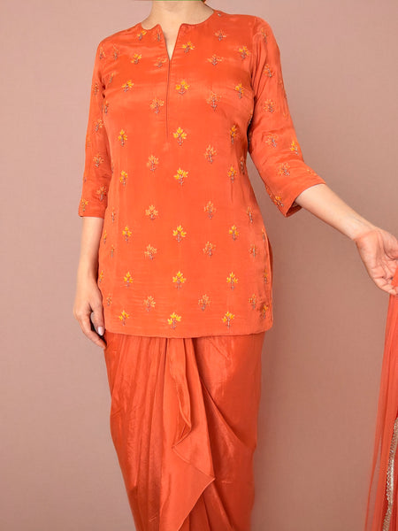 KANAYA Orange Embroidered Dhoti Skirt Suit - S