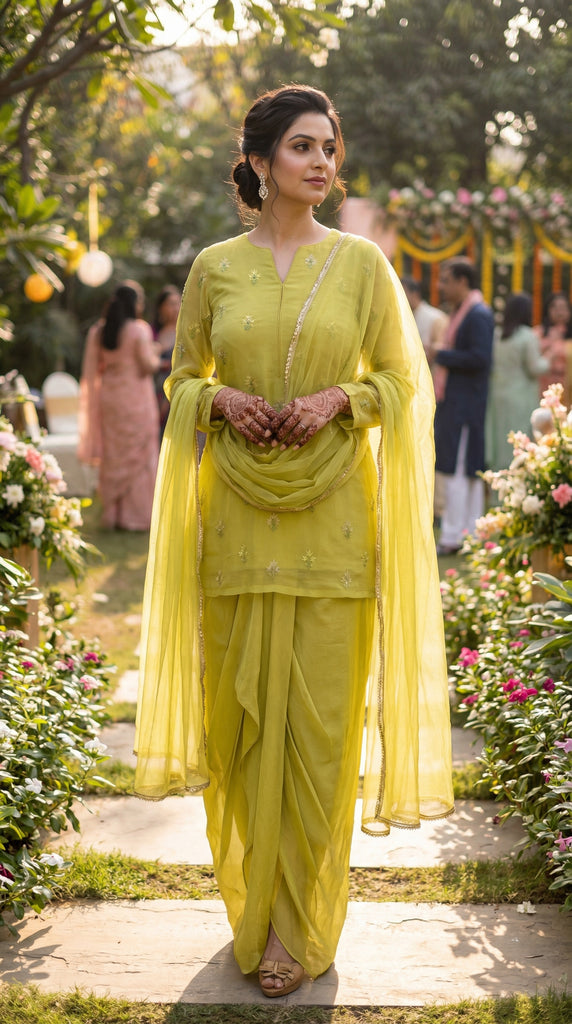 KANAYA Lime Green Embroidered Dhoti Skirt Suit - XL