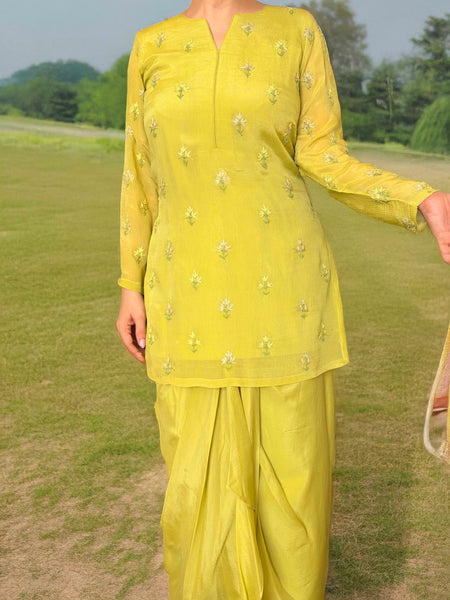 KANAYA Lime Green Embroidered Dhoti Skirt Suit - XL