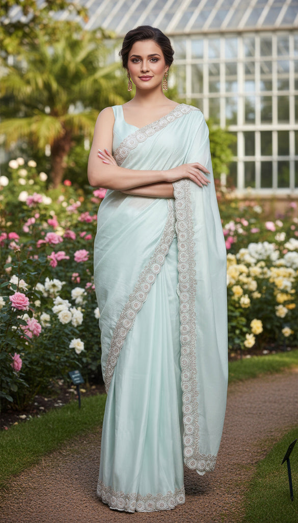 Satin Georgette Mint Green Saree
