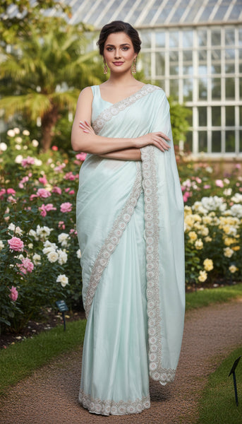 Satin Georgette Mint Green Saree