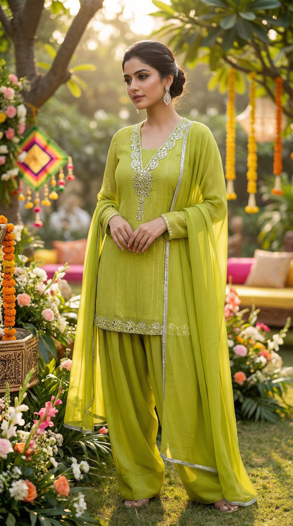 KANAYA Lime Green Mirror Embroidered Farshi Suit - XL