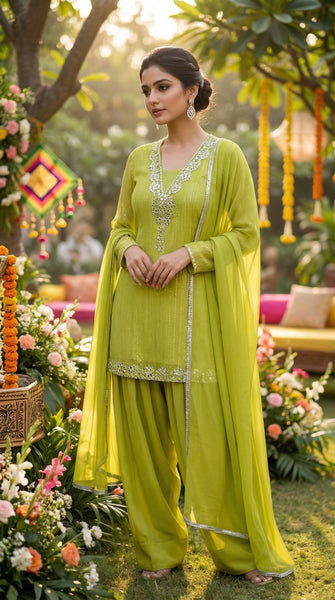 KANAYA Lime Green Mirror Embroidered Farshi Suit - XL