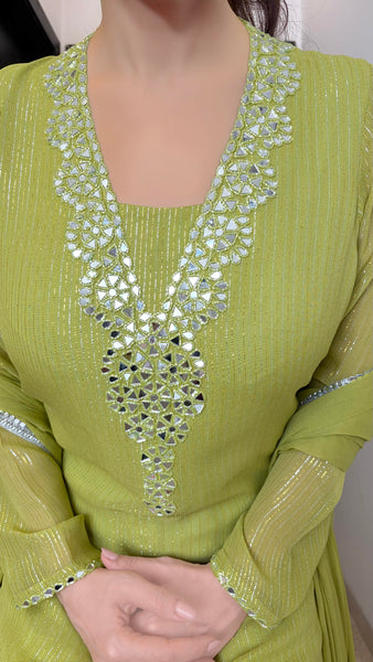 KANAYA Lime Green Mirror Embroidered Farshi Suit - XL