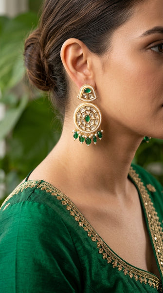 MEERA Oval Kundan Chandbali Earrings - Green / Pearl