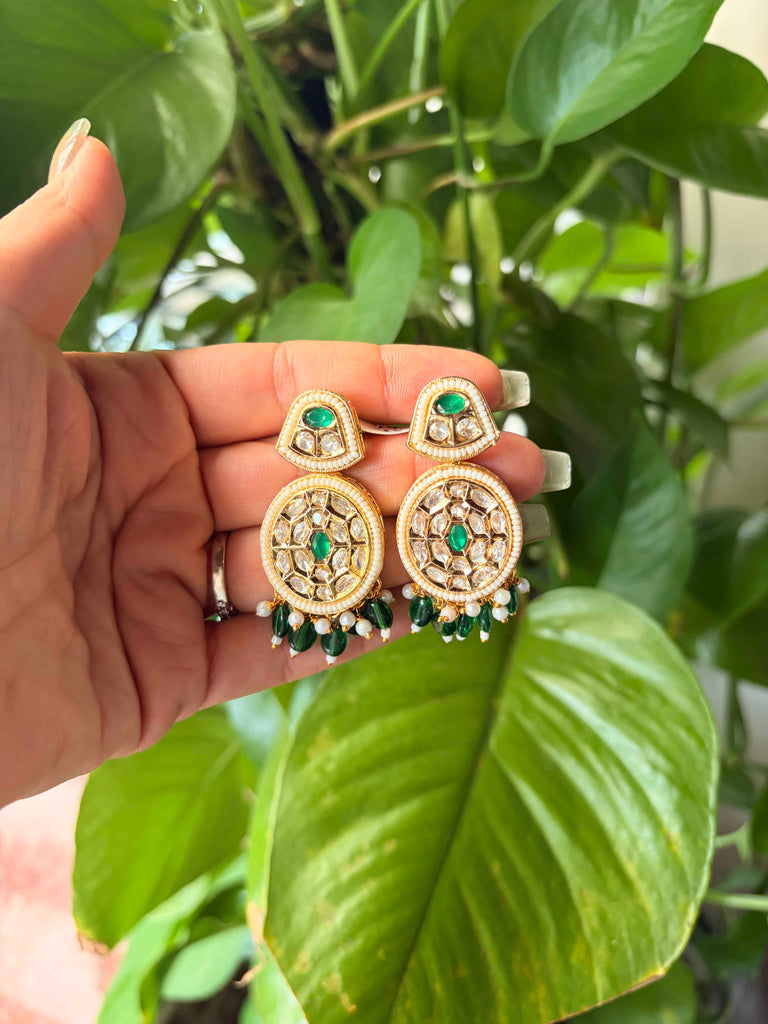 MEERA Oval Kundan Chandbali Earrings - Green / Pearl