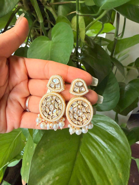 MEERA Oval Kundan Chandbali Earrings - Green / Pearl