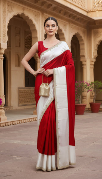 Red and White Pure Crepe Silk Saree