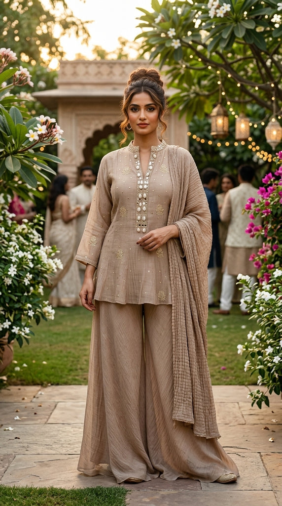 KYRA Beige Fusion Embroidered Top Sharara Set - XXXL