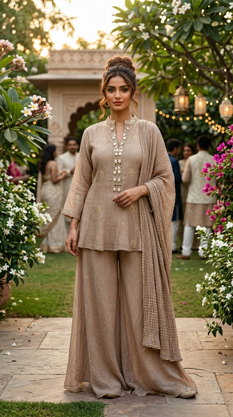 KYRA Beige Fusion Embroidered Top Sharara Set - XXXL