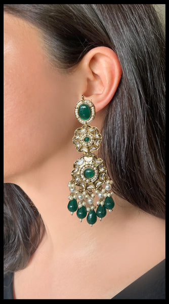 RANI Round Kundan Drops  Earrings - Red, Green