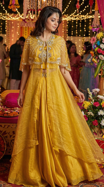 Mustard Yellow Fusion Top with Skirt Jacket Set - L