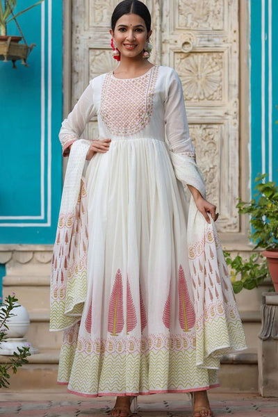 White & Pink Anarkali suit -L-XXL