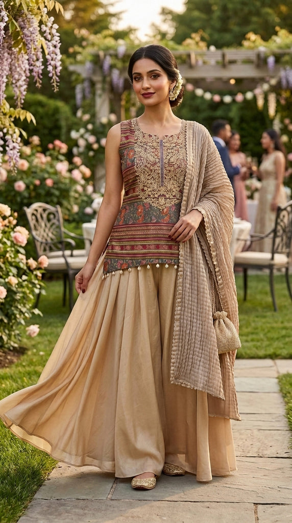 KYRA Beige Fusion Embroidered Top Sharara Set - XL