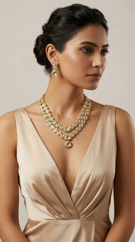 FUSION Layered Polki kundan long necklace set